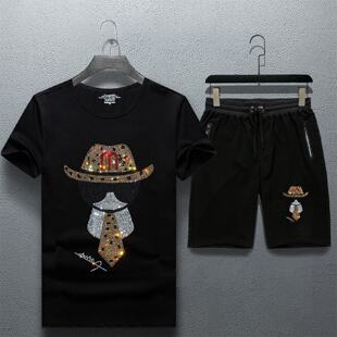 2026新款夏季男士套装休闲装烫钻恤潮韩版帅气短袖短裤潮男
