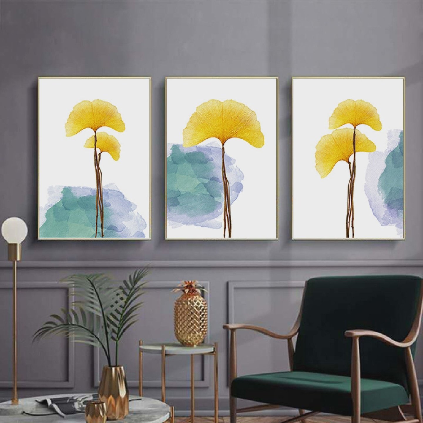 4721现代轻奢客厅装饰画简约餐厅银杏叶北欧沙发背景墙挂画三联画