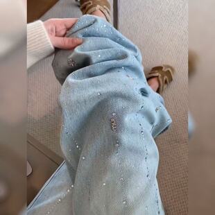 复古浅蓝色烫钻阔腿牛仔裤女2026春秋新款高腰遮胯显瘦直筒长裤子