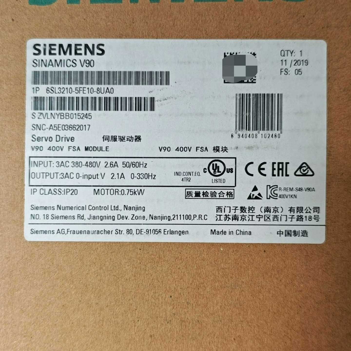 伺服驱动6SL3210-5FE10-8UA0，询价