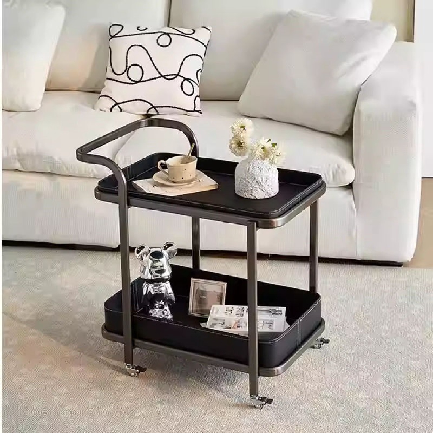 轻奢马鞍小推车皮沙发沙发角几移动置物架客厅带轮床头柜家用茶几