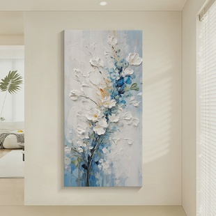 纯手绘花卉油画现代奶油风入户玄关画装饰画蓝色厚肌理挂画高级感
