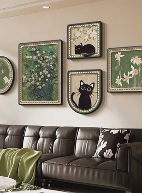 中古风绿色客厅装饰画画猫咪组合高级感壁画画法式覆古沙发背景墙