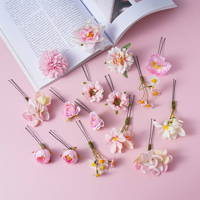 仿真花花朵头饰新娘发夹 森系簪花发饰头花 古装汉服假花鲜花