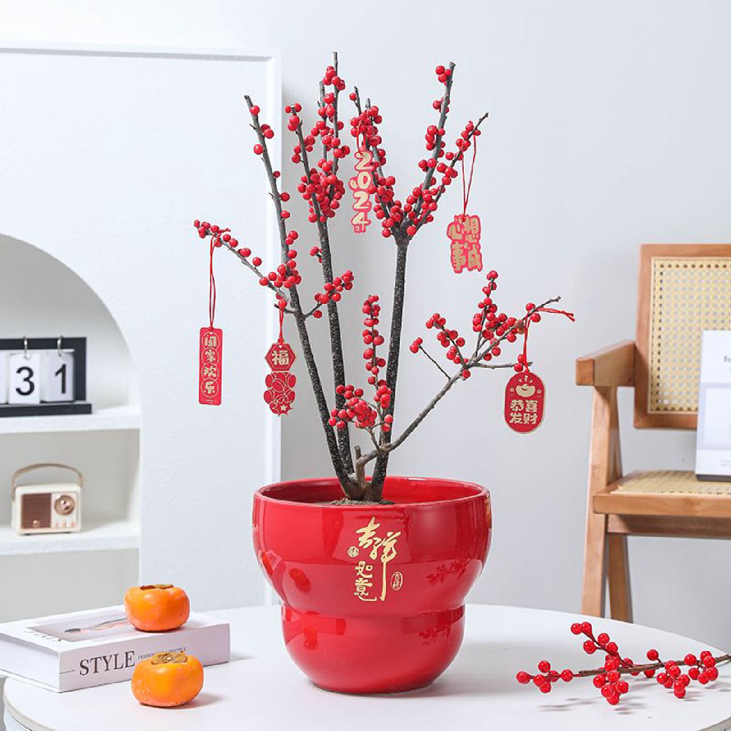 新年红色陶瓷花盆家用中式吉祥君子兰蝴蝶兰专用盆北美冬青盆栽盆