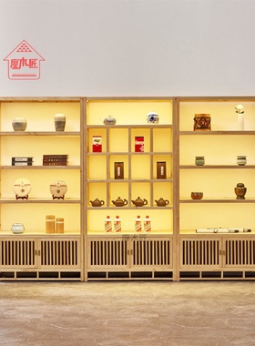实木茶叶展示架松木展示柜书架博古架带灯茶饼架陈列架货架子包邮