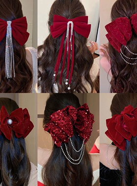 新年红色丝绒蝴蝶结发夹甜美高级感秋冬弹簧夹小众百搭发饰批发女