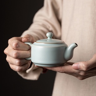 汝瓷泡茶壶 天青汝窑茶壶泡茶单壶陶瓷茶具茶杯家用可养开片壶套装