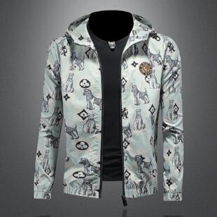 欧洲站连帽夹克衫男士春秋季新款满印花潮牌时尚轻奢外套修身上衣