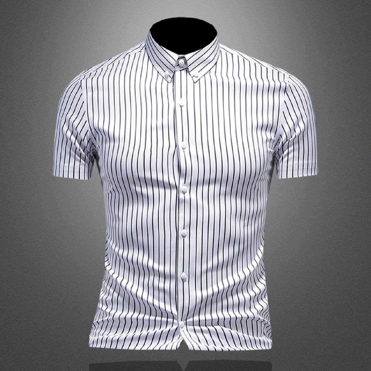 条纹短袖衬衫男士夏季新款修身商务潮流上班休闲半袖弹力透气衬衣