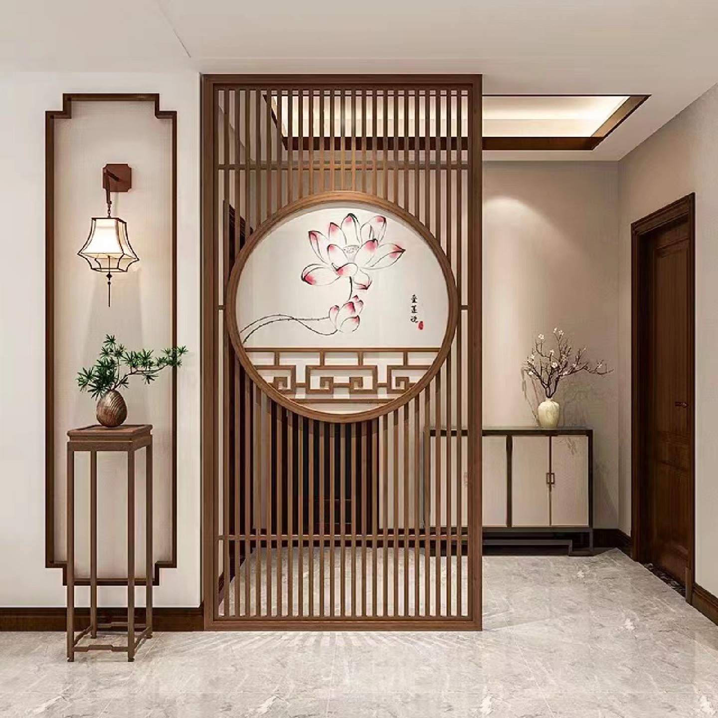 新中式花格入户玄关客厅日式隔断实木格栅屏风背景墙现代镂空装修