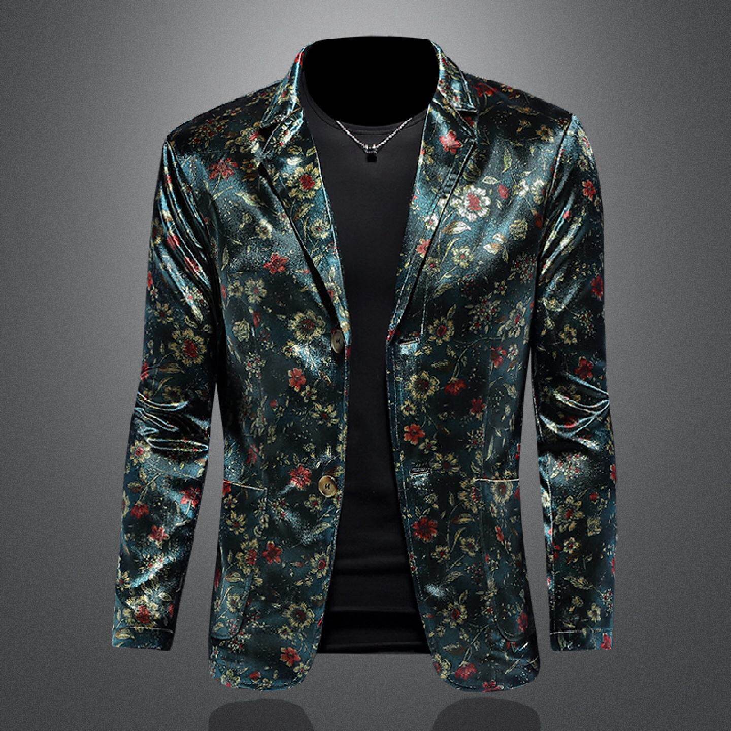 欧洲站花西装外套男士春季休闲绒面修身潮流便西单西褂子丝绒西服