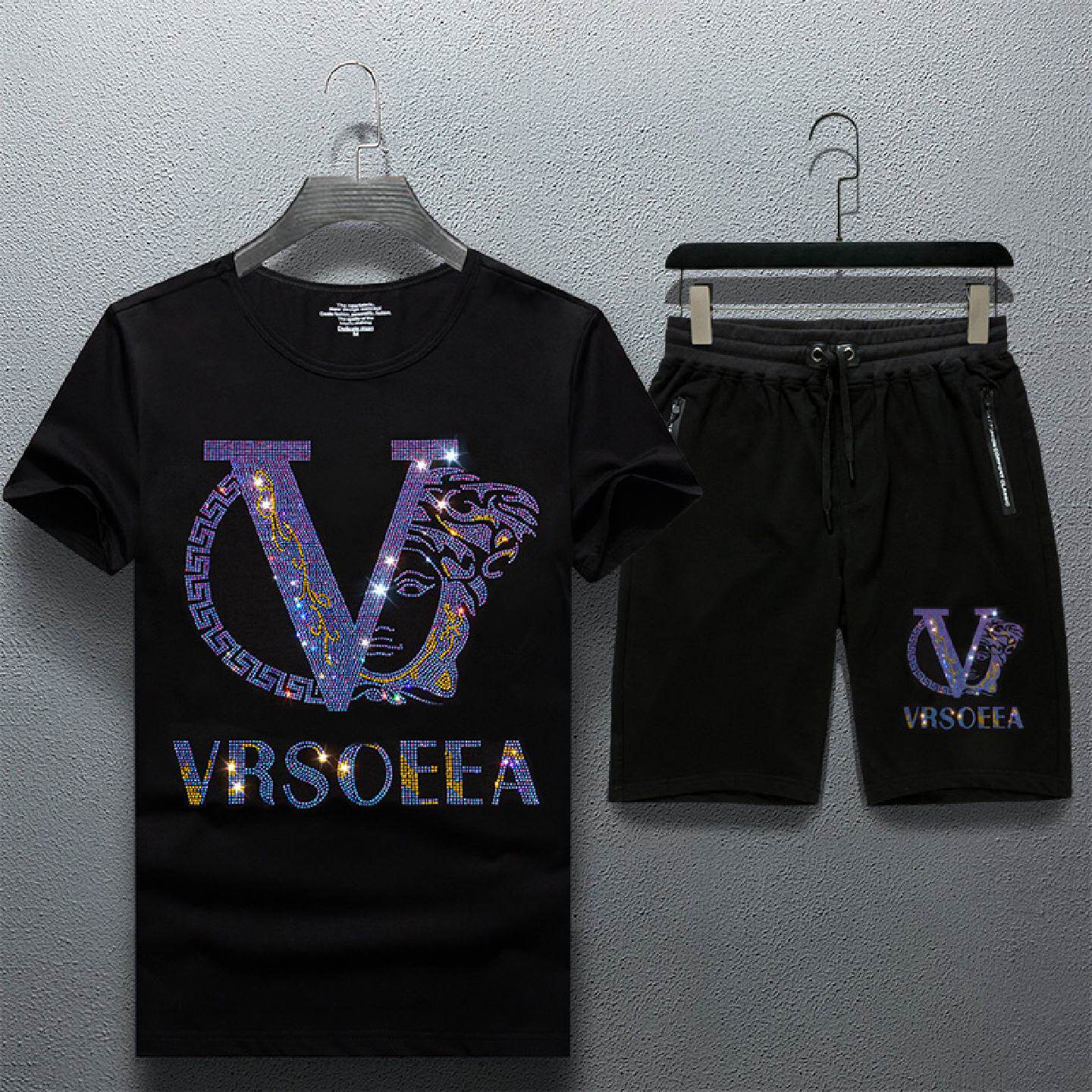 2026新款欧洲站夏季潮牌烫钻半袖套装男士恤短袖短裤字精神小伙镶