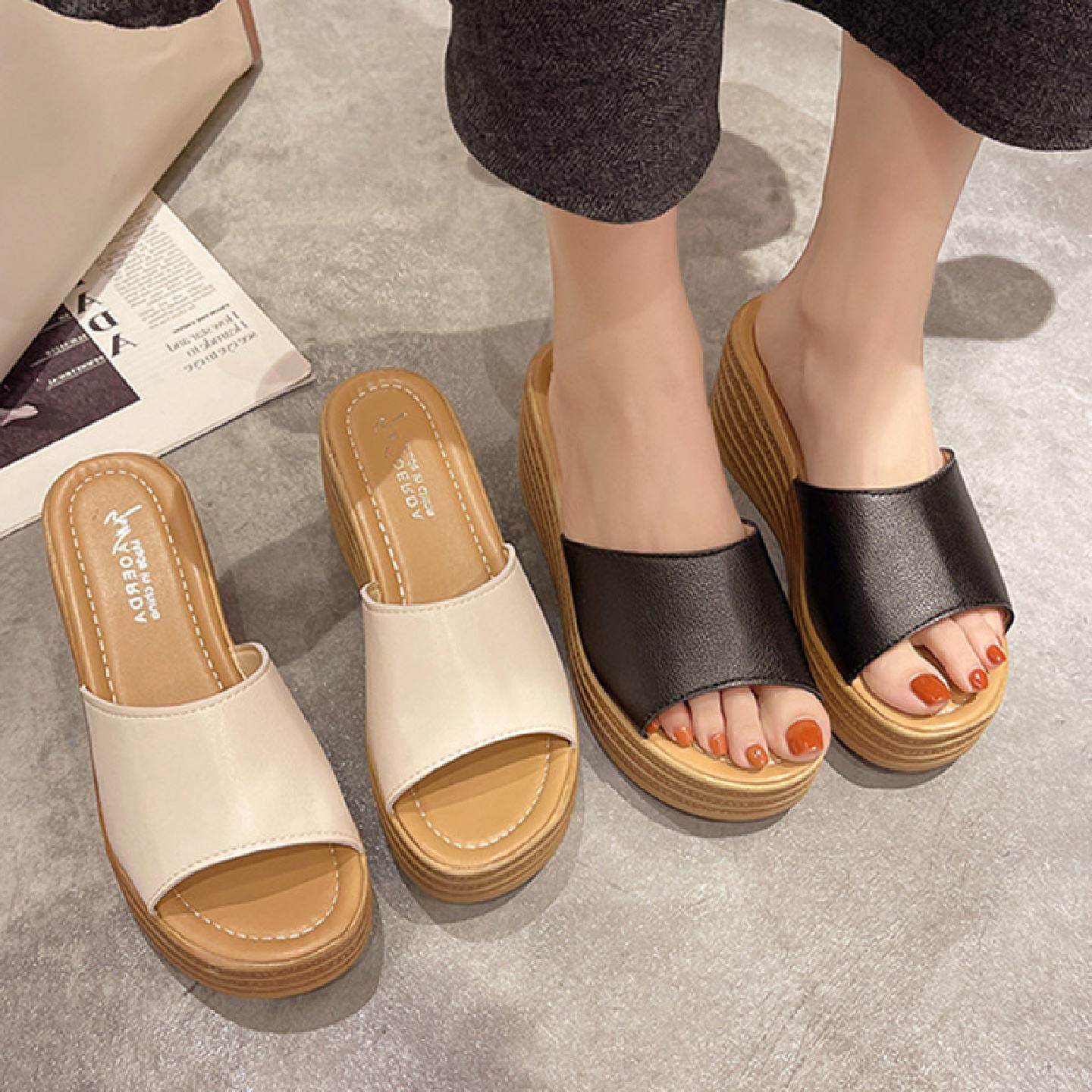 凉鞋女坡跟2025新款夏外穿凉拖厚底松糕鞋高跟一字拖露趾坡跟拖鞋