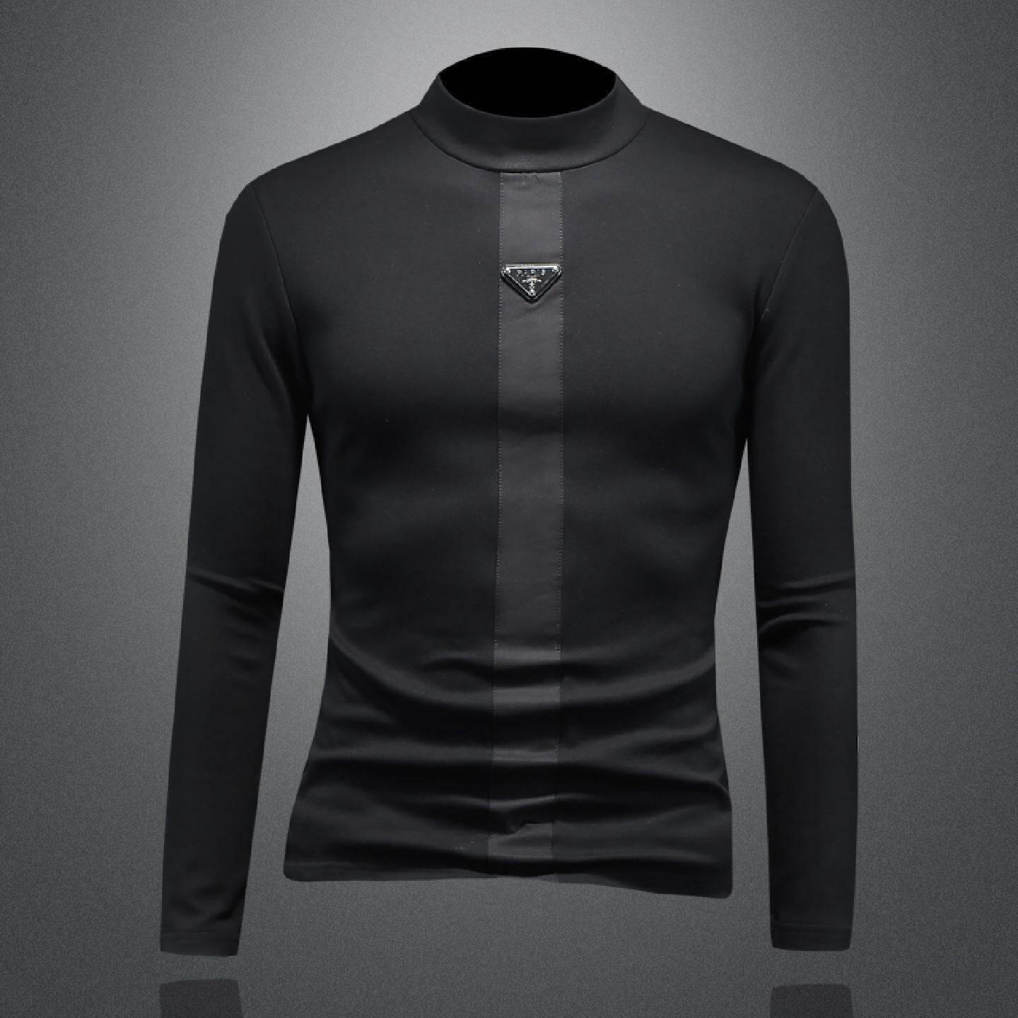 欧货秋冬半高领长袖恤男薄绒打底衫潮牌中领修身体恤小衫纯棉厚潮
