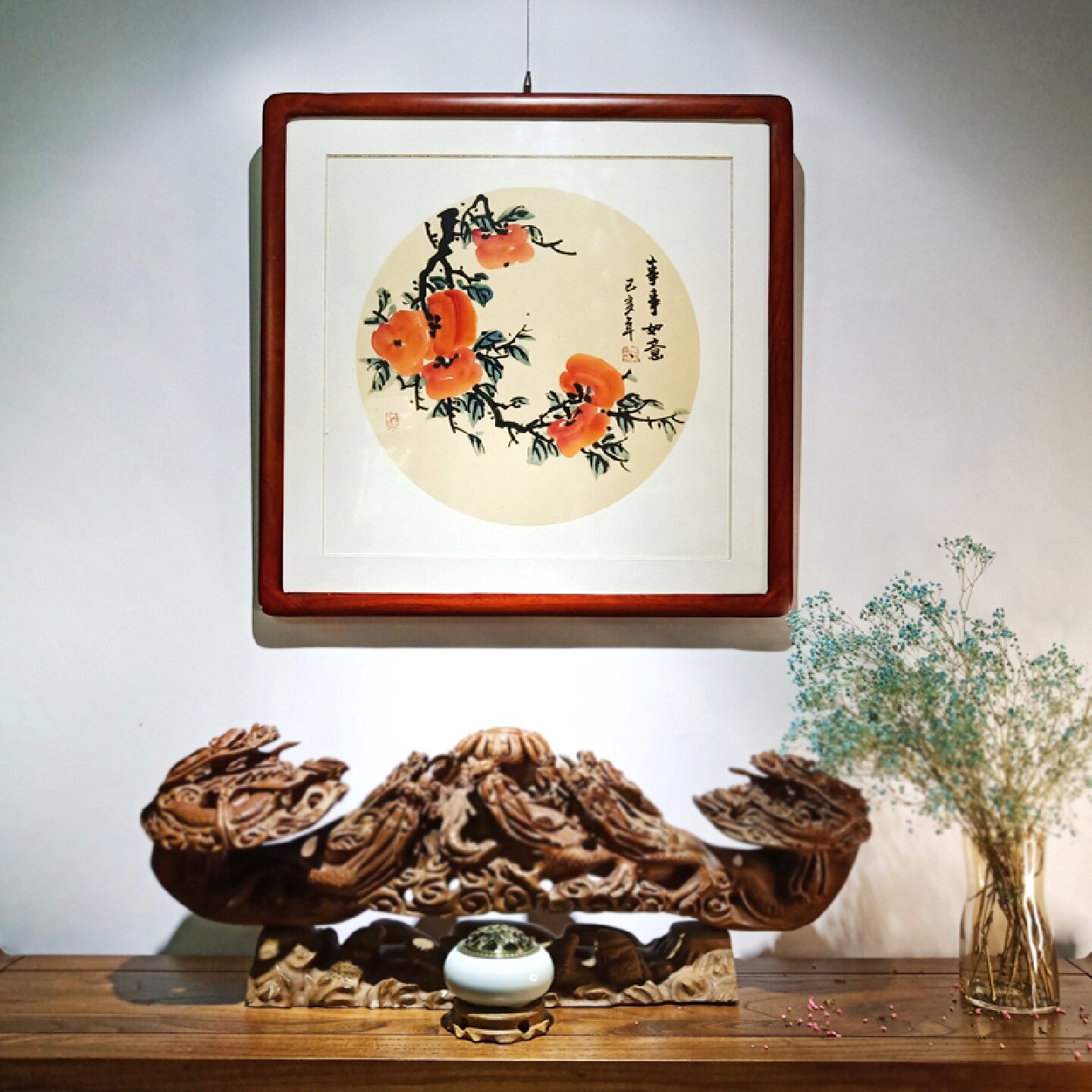 国画葫芦柿子梅花鸟紫藤纯手绘真迹斗方客厅卧室玄关餐厅装饰挂画