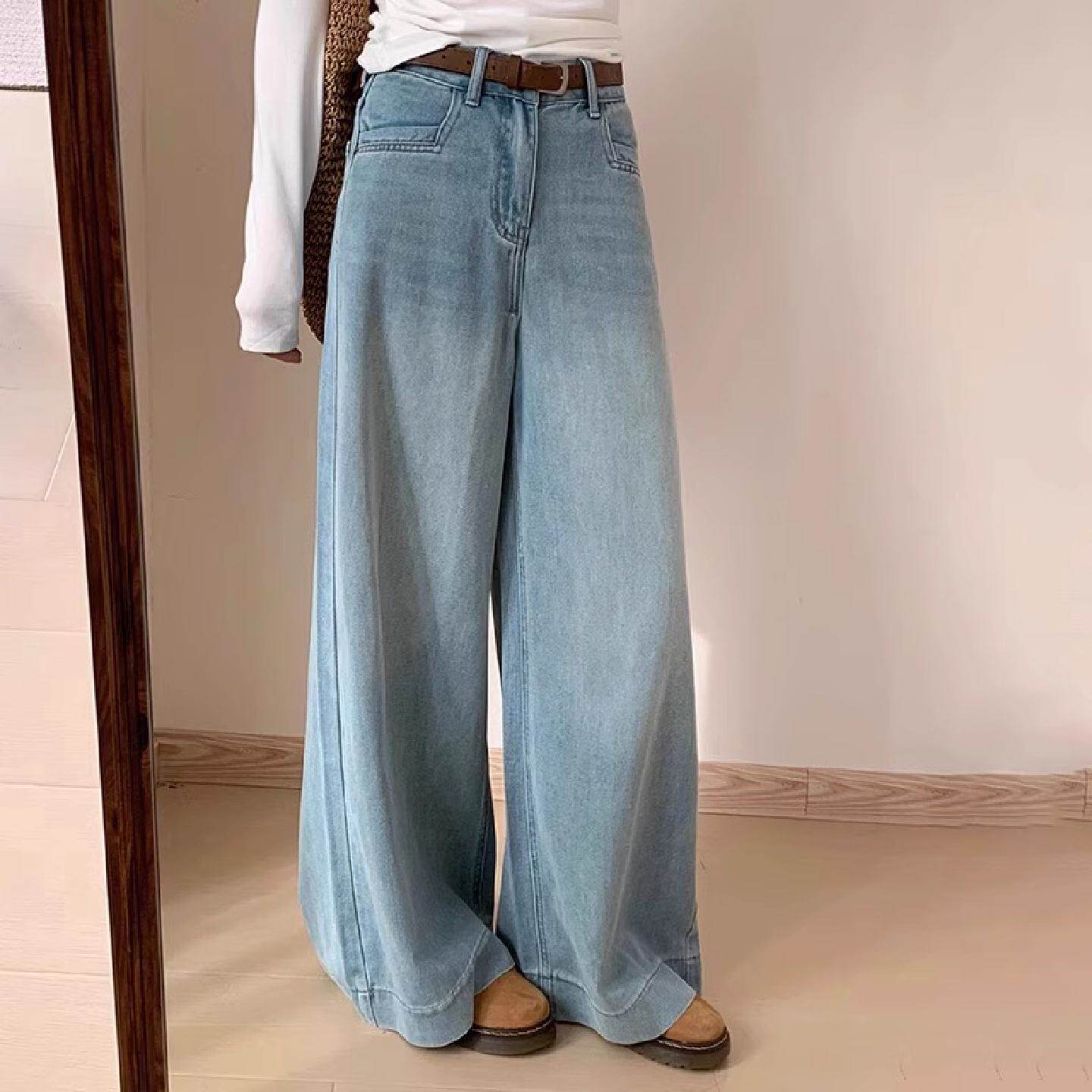 复古浅蓝色阔腿牛仔裤女春季新款高腰遮胯显瘦垂感宽松直筒拖地裤
