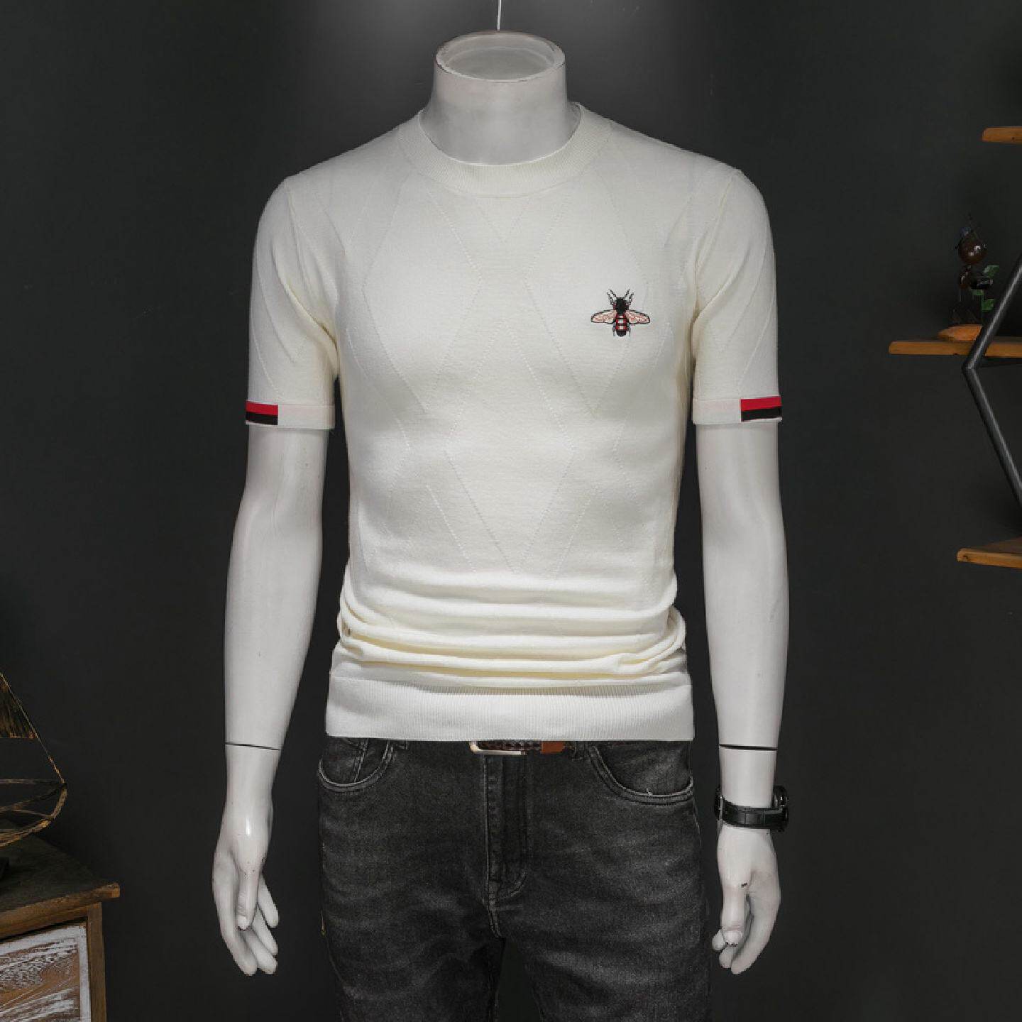 春装欧洲站男士短袖羊毛衫个性针织衫蜜蜂刺绣套头圆领打底衫毛衣