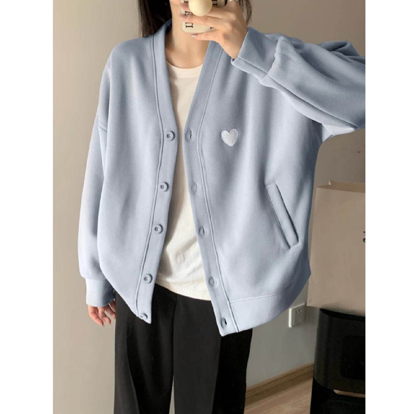 开春穿搭蓝色外套女春秋2025新款上衣宽松休闲卫衣针织高级感开衫