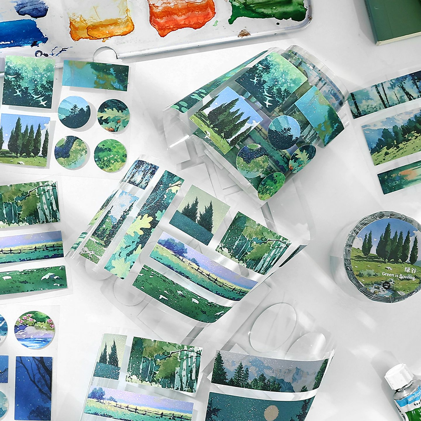 INS风手账切模胶带清新闪砂油画画风景天空森林晚霞手账拼贴素材