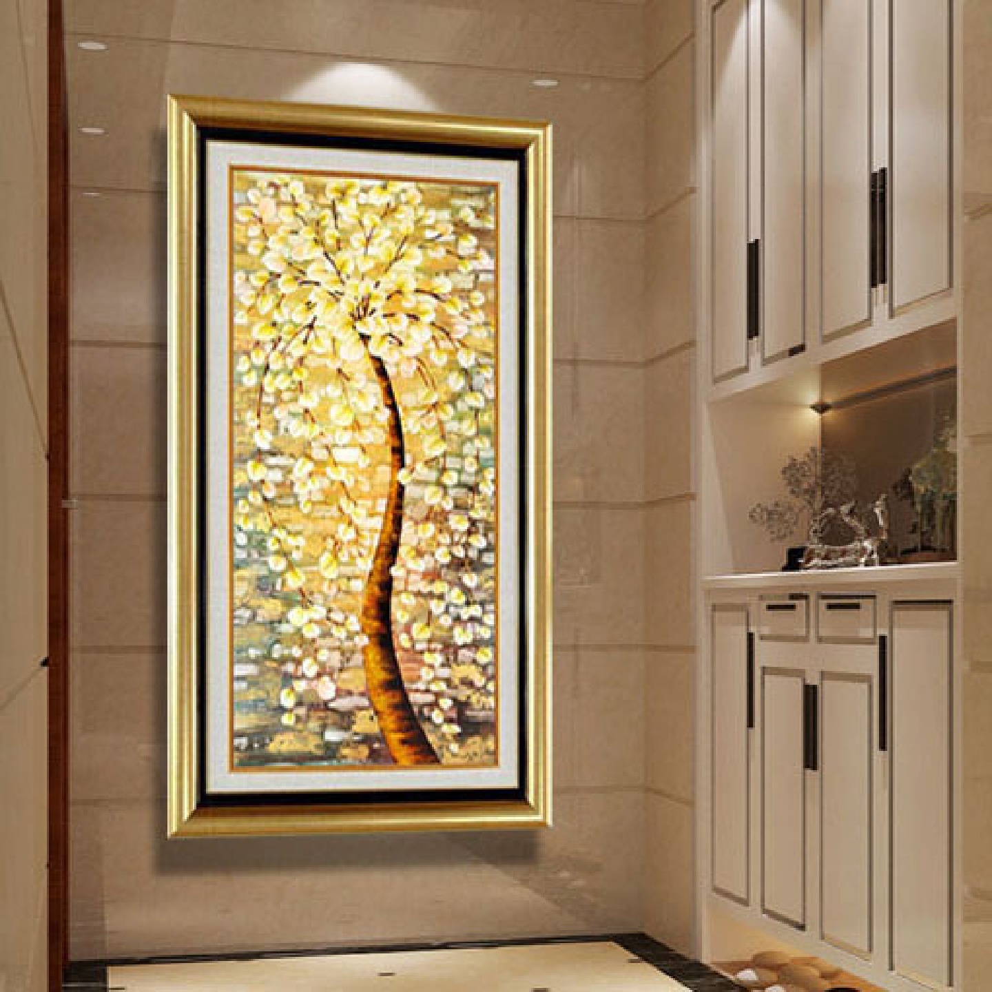有框装饰画竖版油画浮雕树脂画立体装饰画壁画玄关挂画发财树图片