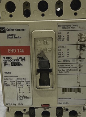CUTLERHAMMER 040207D 50A EHD3050L 6638C94G91 CIRCUIT BREAKER