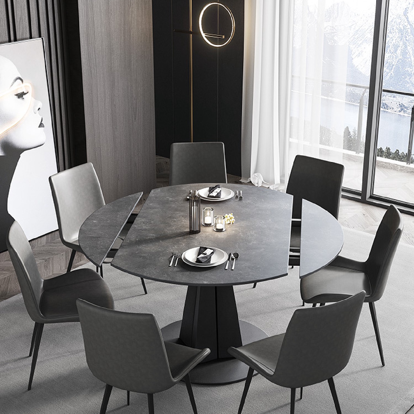 意式极简岩板餐桌方圆两用旋转伸缩餐桌家用小户型多功能变形圆桌