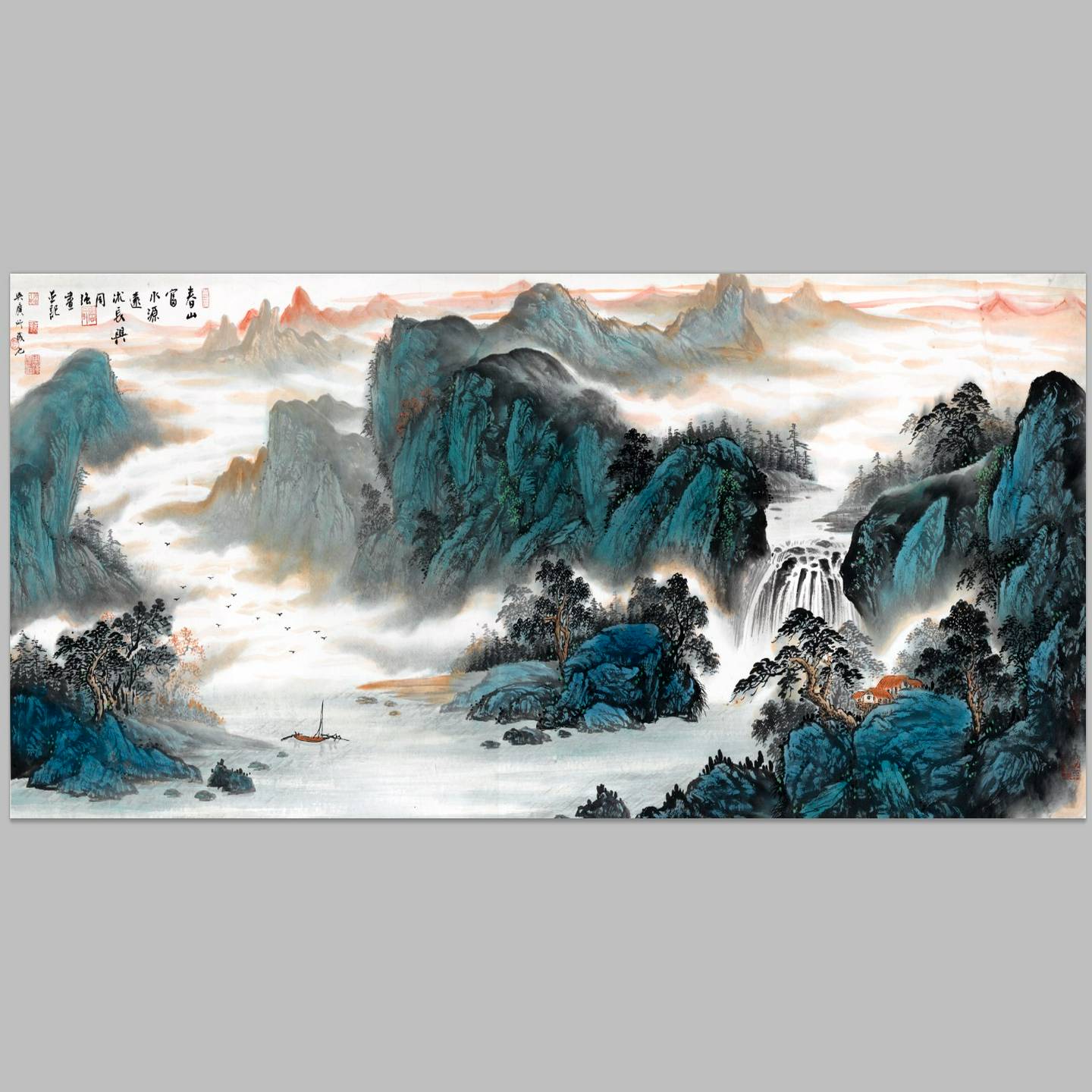 春山富水源远流长国画画山水横幅客厅办公装饰画画芯高清宣纸微