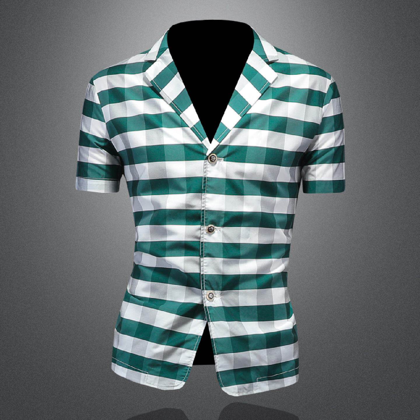 欧洲站西装领衬衫男士夏季新款冰丝短袖条纹寸衫发型师休闲上衣潮