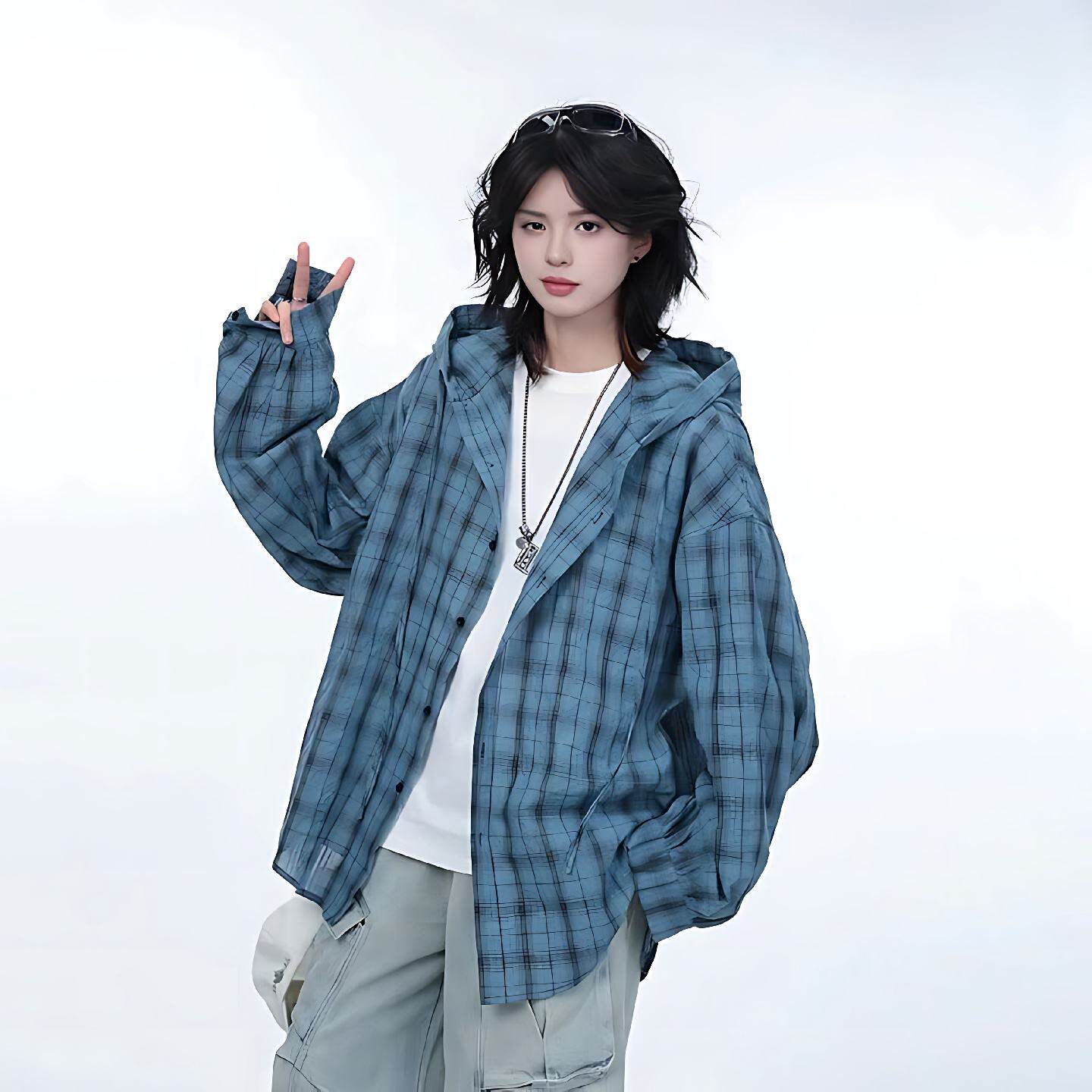 瓦酱防紫外线轻薄透气宽松格子衬衫连帽防晒衣男女2025新款夏季潮