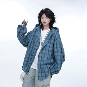 瓦酱防紫外线轻薄透气宽松格子衬衫连帽防晒衣男女2025新款夏季潮