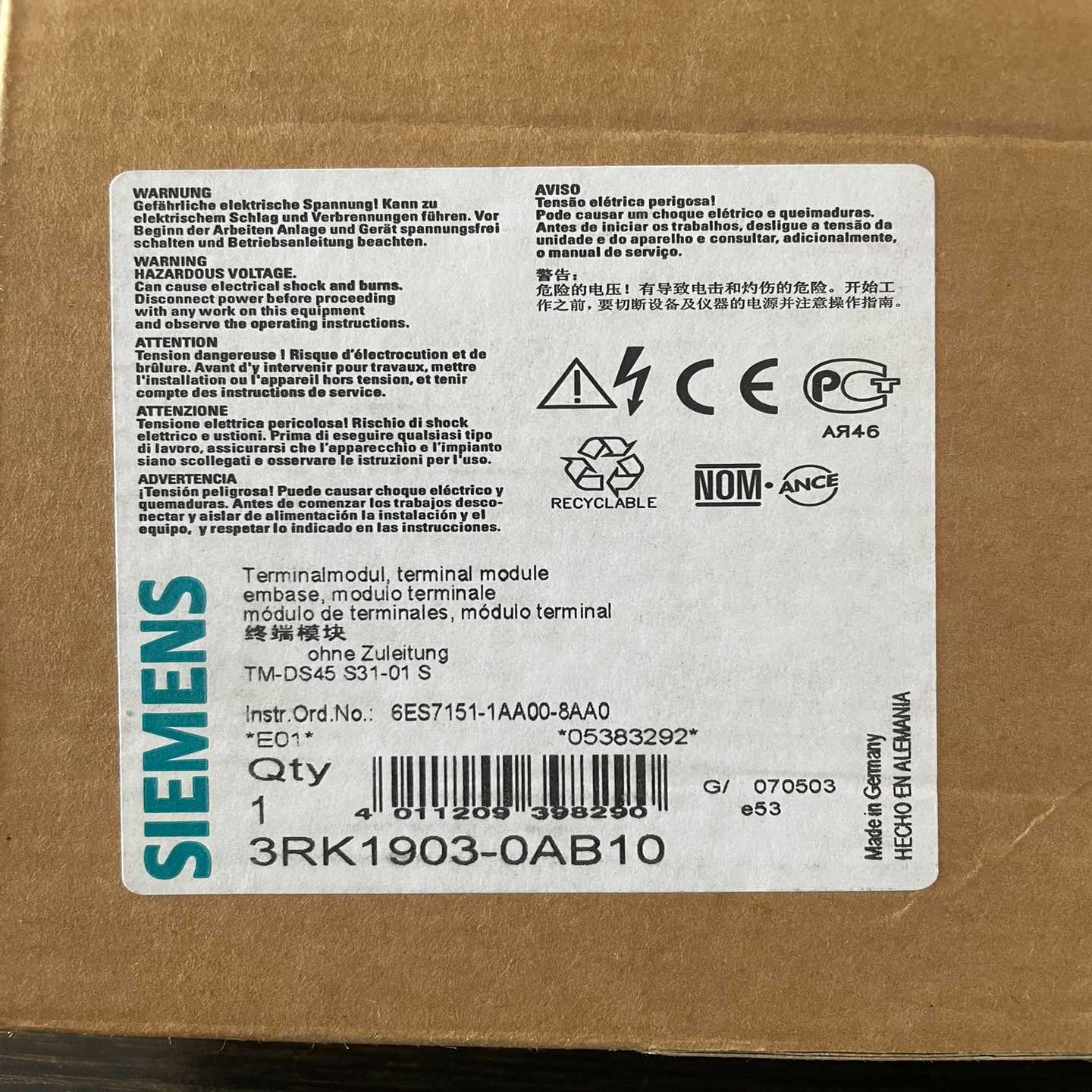 西门子终端模块，3RK1903-0AB10，全新2个，图片实一议价商品