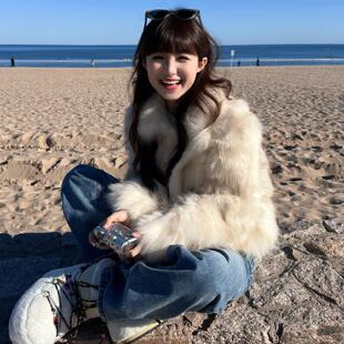 双色渐染环保狐狸毛皮草外套女冬短款高级保暖皮毛一体毛茸茸上衣