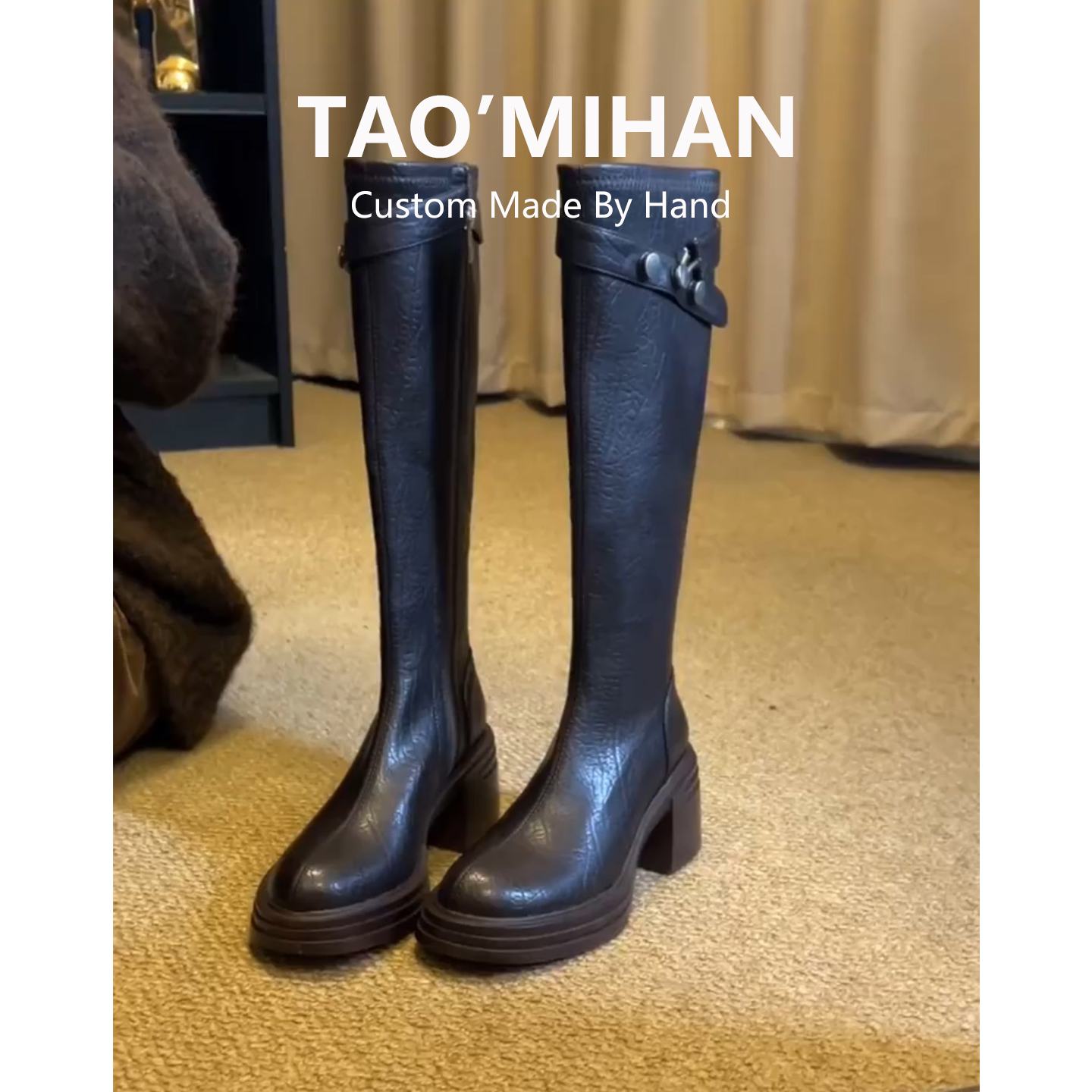 真皮小个子高跟厚底长靴女2025新款加绒长筒骑行靴粗跟高筒靴子
