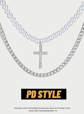 欧美嘻哈双层珍珠镶钻十字架两件套项链男女小众潮品