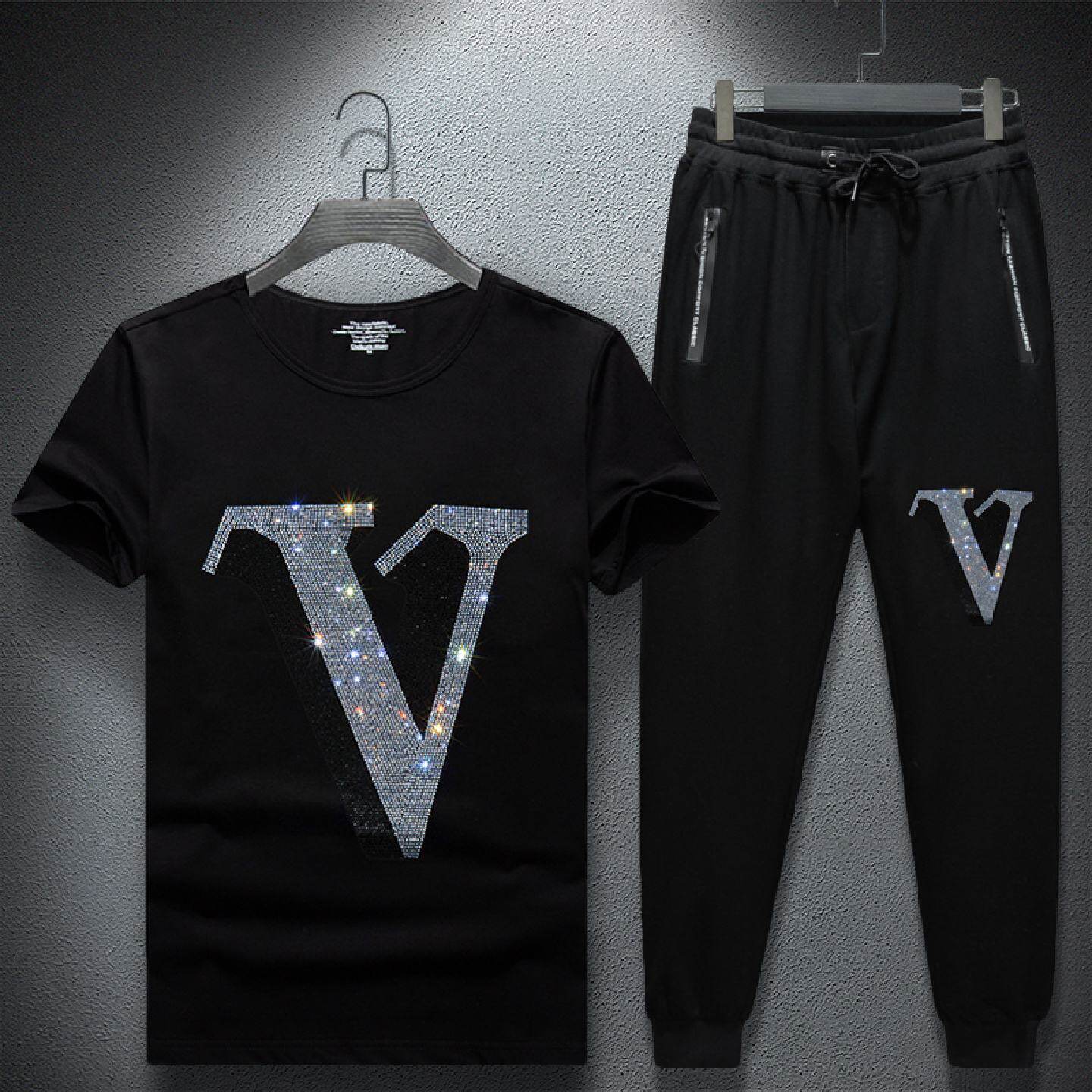 2026男士套装搭配帅气夏季潮流烫钻短袖恤男休闲短裤冰感长裤男潮