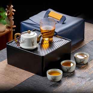 汝窑便携干泡茶盘茶具一壶三杯办公家用描金汝瓷茶具小套旅行送礼
