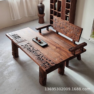 老榆木茶桌茶台客厅吃饭餐桌长方形大板桌榆木家具泡茶台 中式