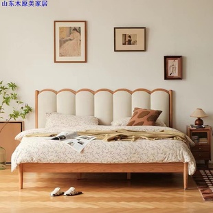 樱桃木实木软包床简约现代黑胡桃木卧室双人大床北欧榻榻米 日式