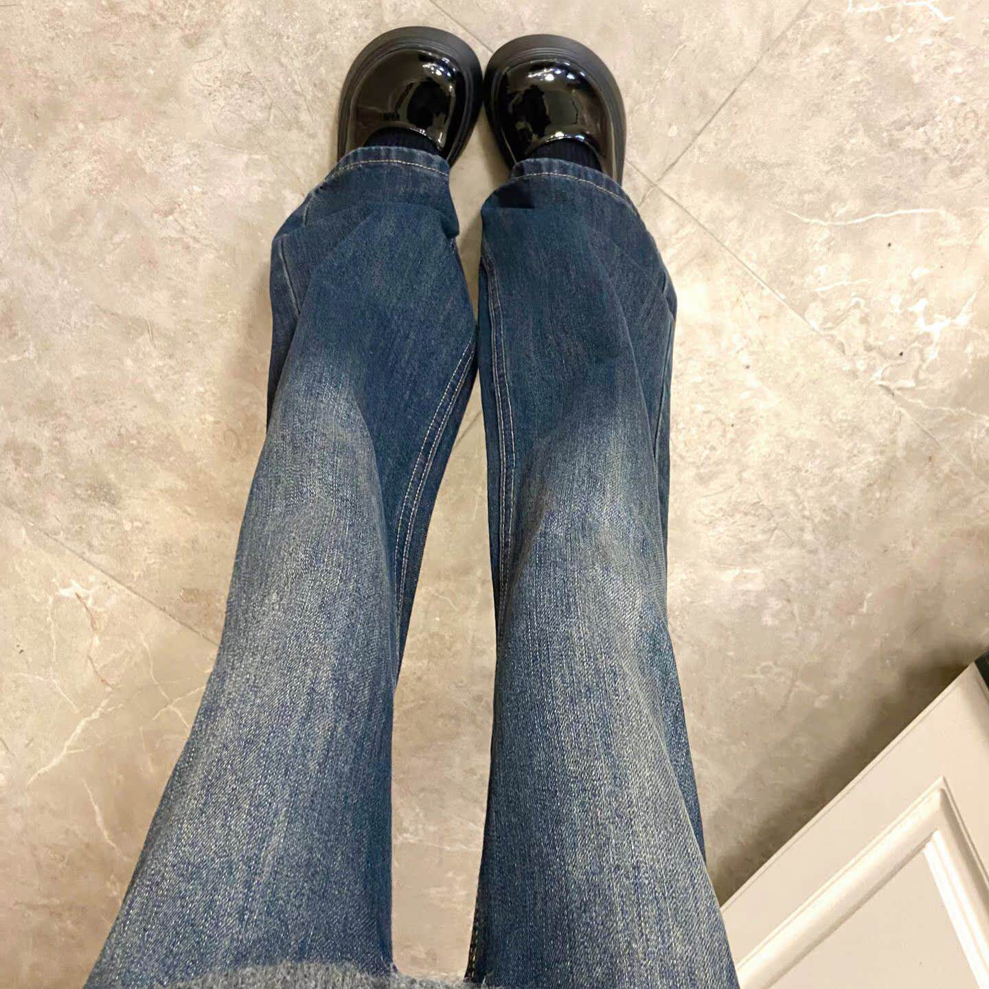 复古微喇直筒牛仔裤女春季新款胖mm高腰显瘦小个子梨型身材喇叭裤