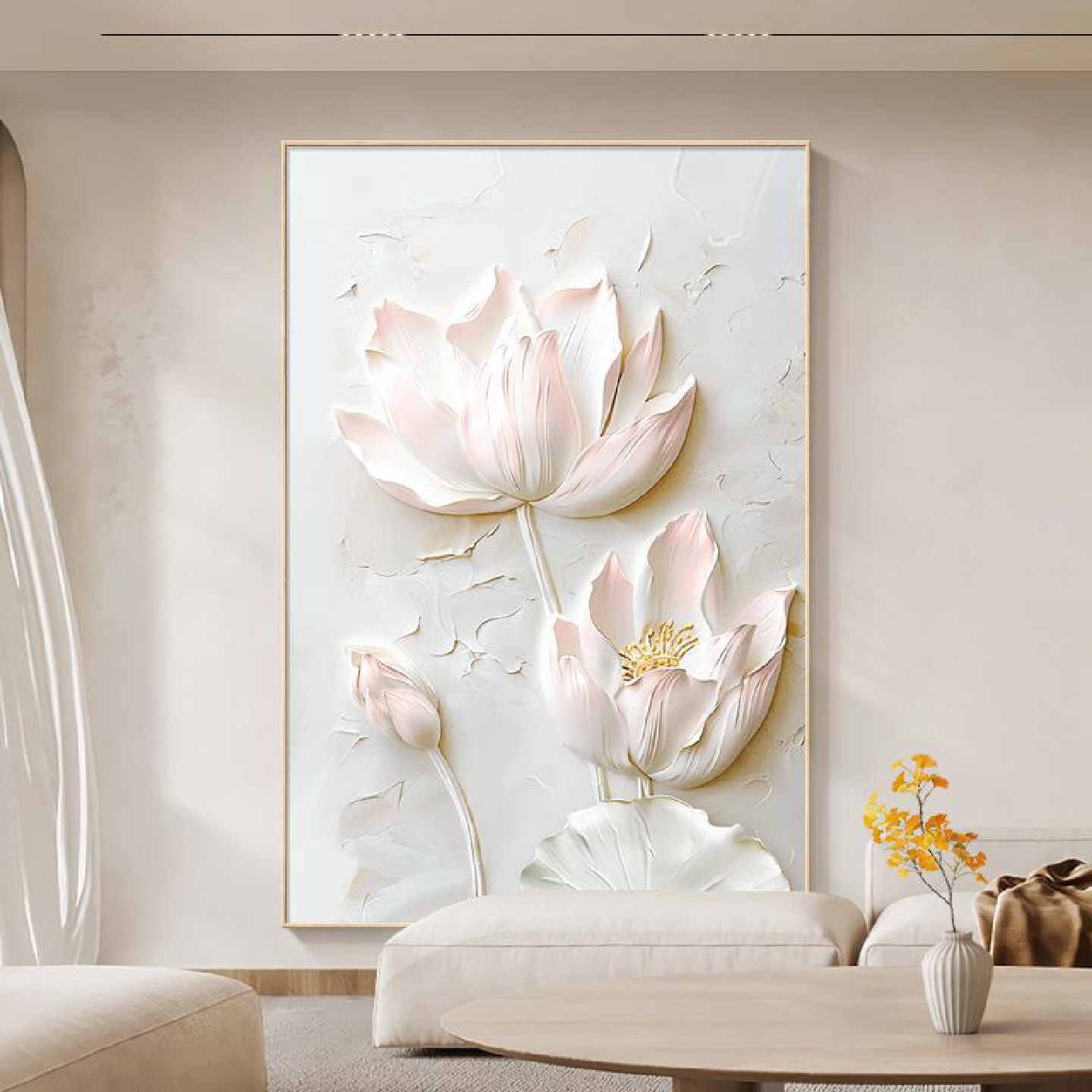 现代荷花客厅装饰画肌理感沙发背景墙挂画艺术大幅落地画玄关壁画图片