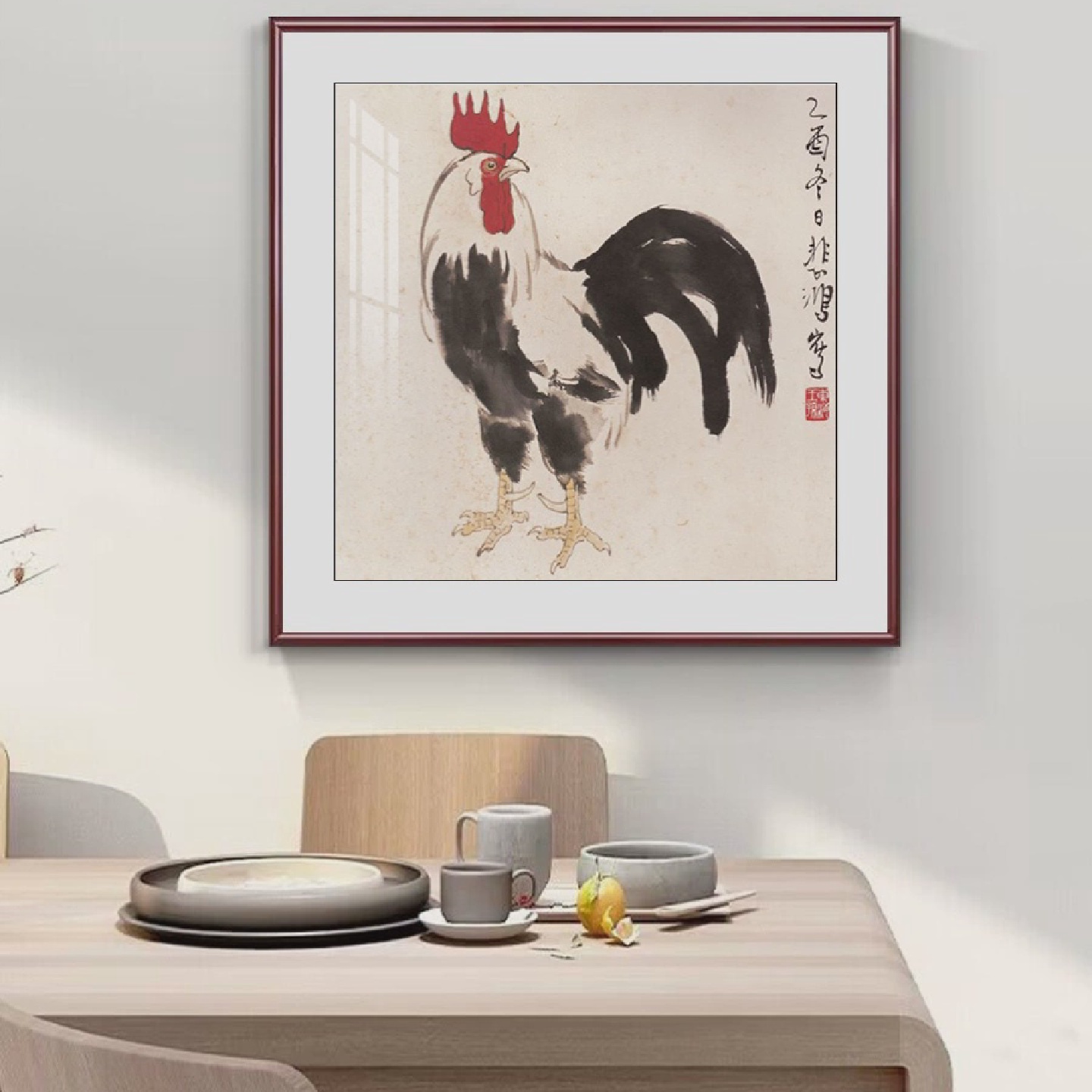 徐悲鸿国画玄关风水大公鸡斗方形字画客厅装饰画挂餐厅鸡鸣富贵图