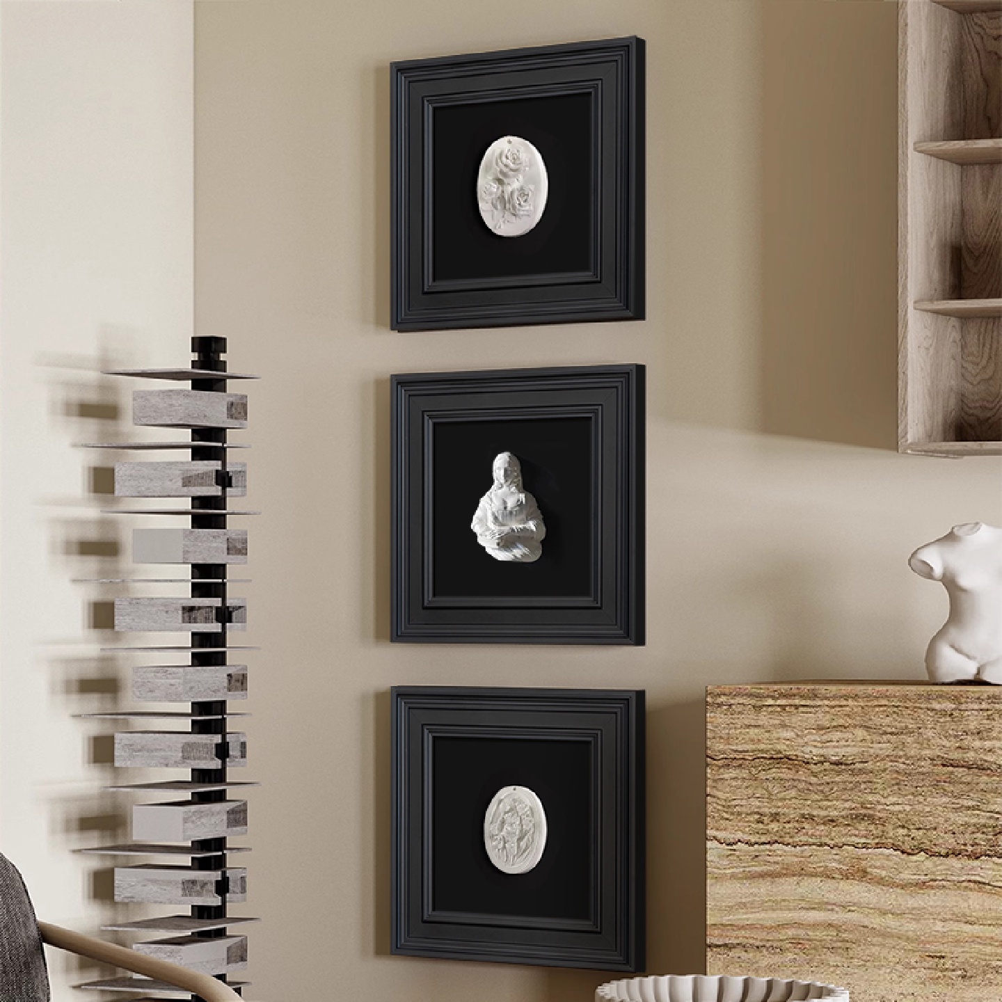 中古奶油风玄关装饰画3d立体浮雕石膏法式复古客厅背景墙感挂