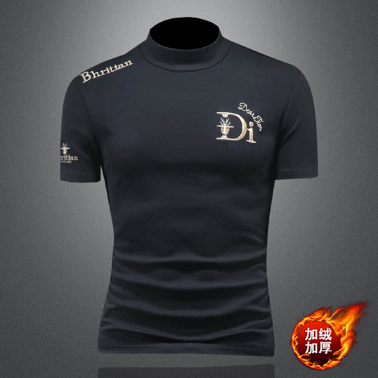 欧货半高领短袖恤男士秋冬纯棉青年休闲修身加绒加厚打底衫潮牌潮