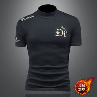 欧货半高领短袖恤男士秋冬纯棉青年休闲修身加绒加厚打底衫潮牌潮