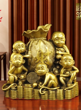 铜猴子摆件纯黄铜五福临门猴家居饰品客厅办公桌摆设生肖猴助运气