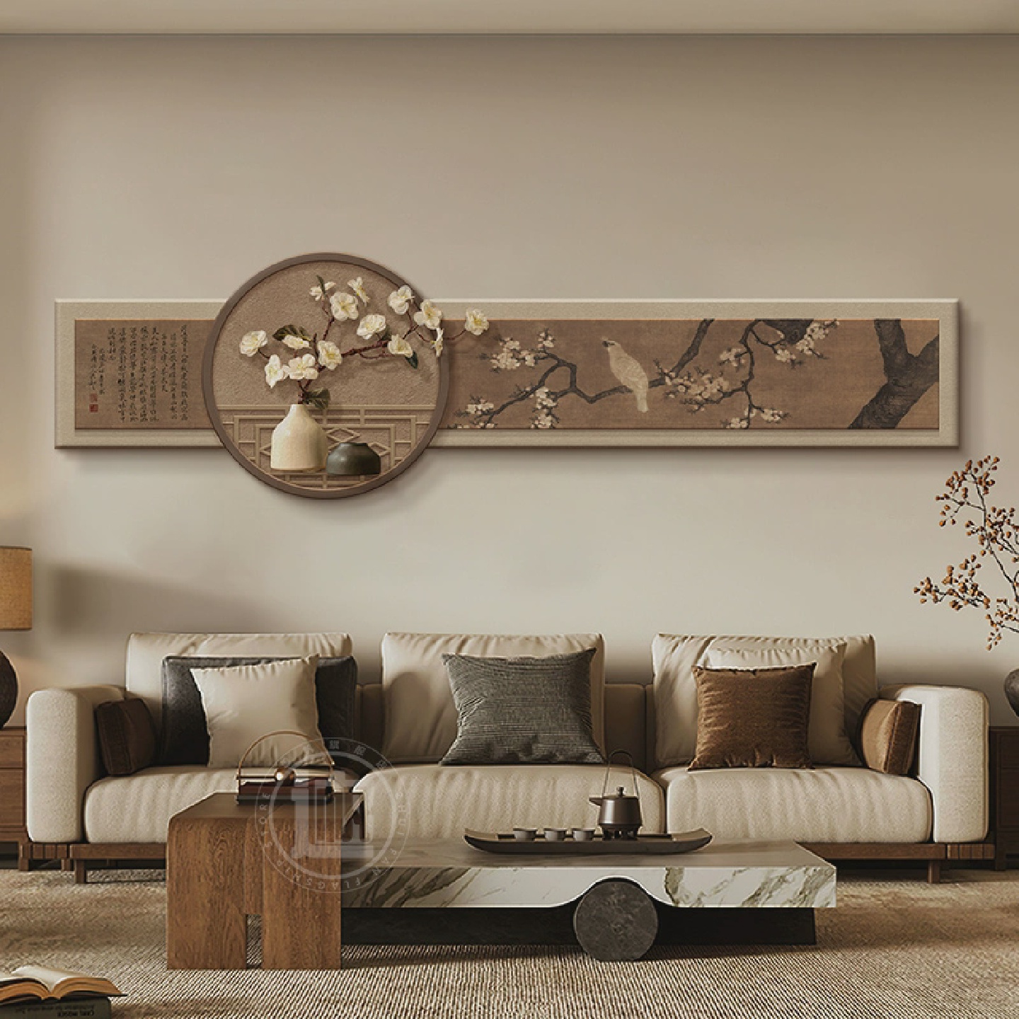 宋代美学客厅装饰画新中式茶室床头横版壁画中古风沙发背景墙挂画