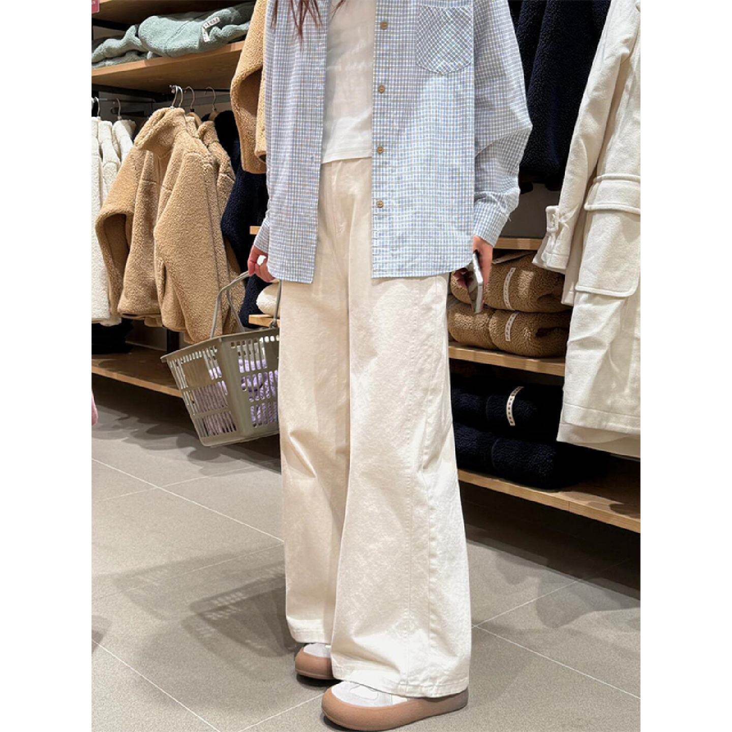 梨型身材米杏色直筒牛仔裤女春季新款胖妹妹mm高腰显瘦垂感阔腿裤