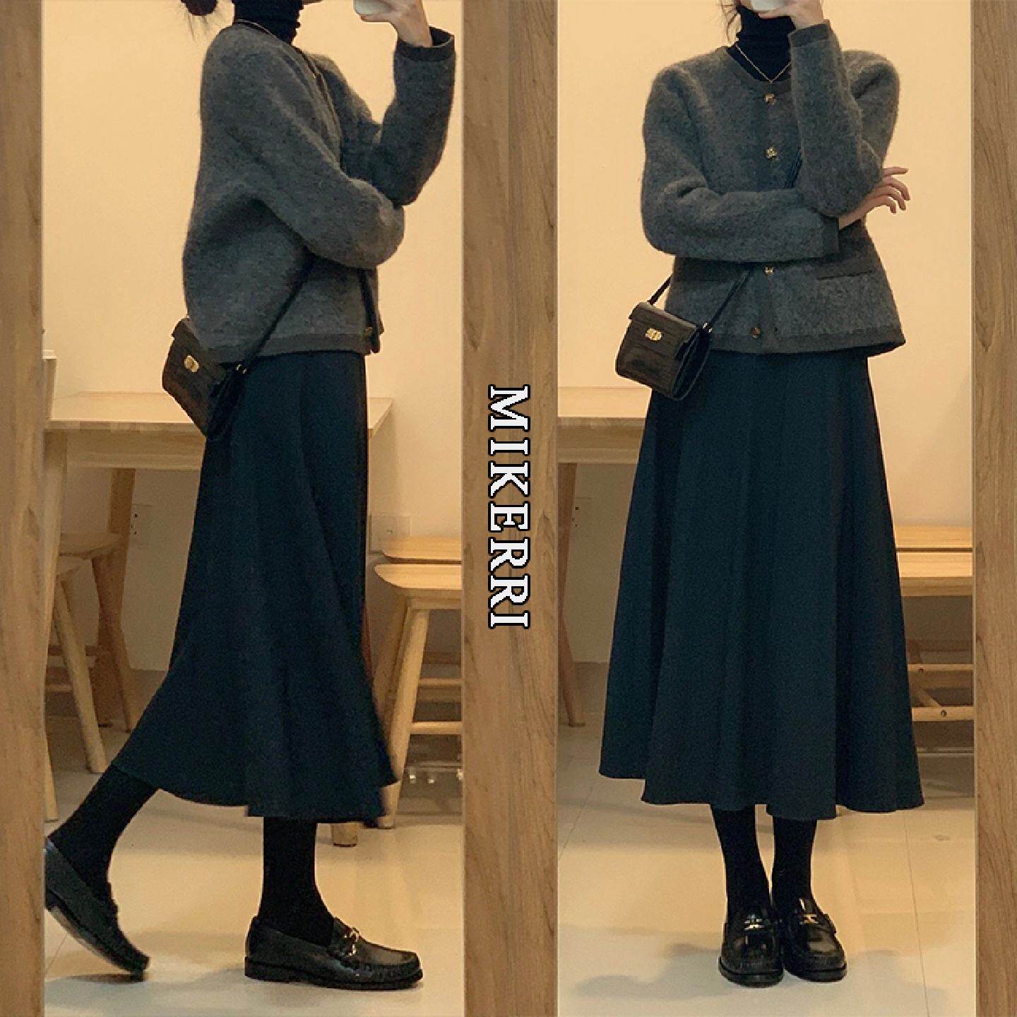 黑色毛呢半身裙女春季大码胖mm遮肚显瘦梨型身材中长款a字伞裙子