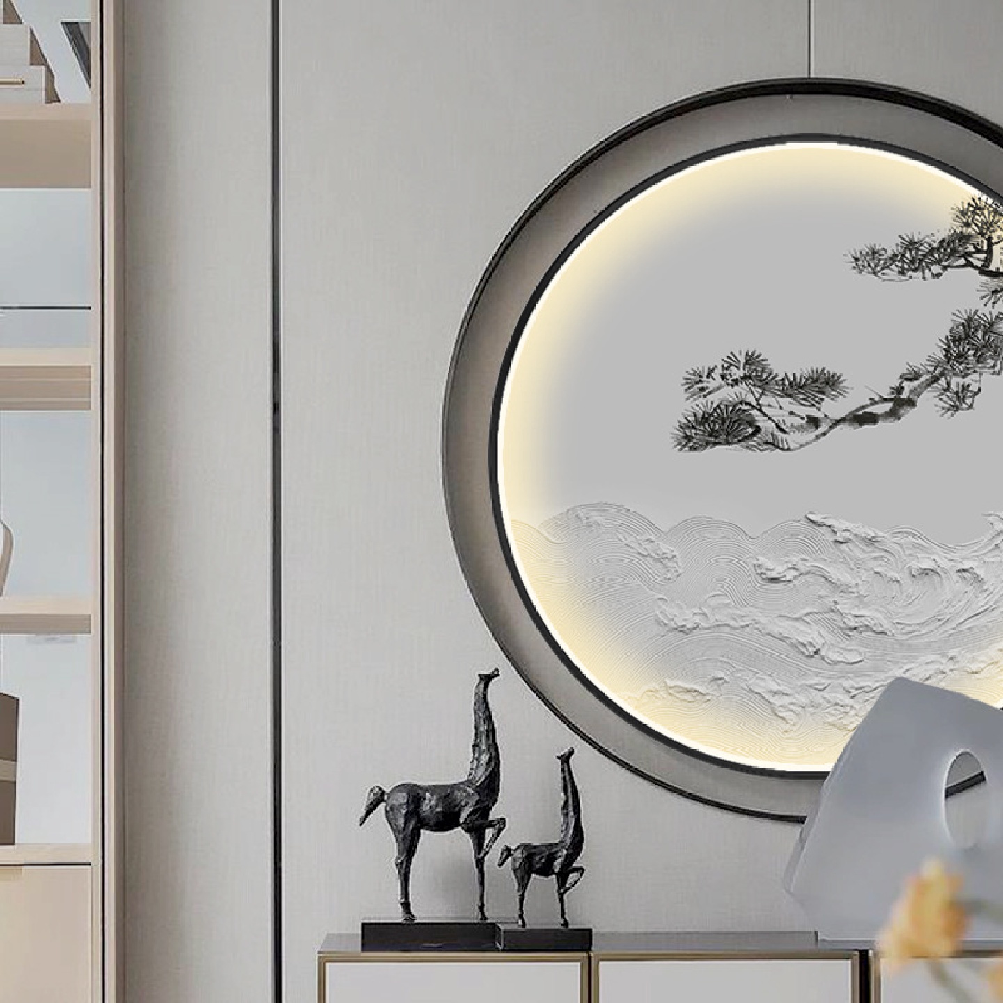 新中式客厅装饰画圆形led灯玄关走廊挂画迎客松油画立体浮雕海浪图片